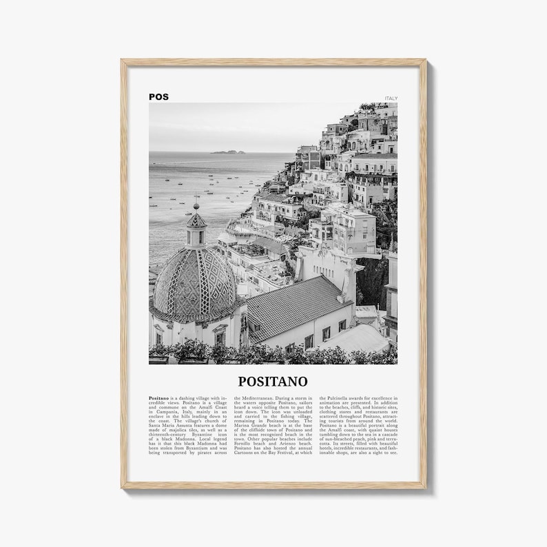 Plakat Positano w czerni i bieli, Włochy, dekoracja ścienna, Wybrzeże Amalfi zdjęcie 1