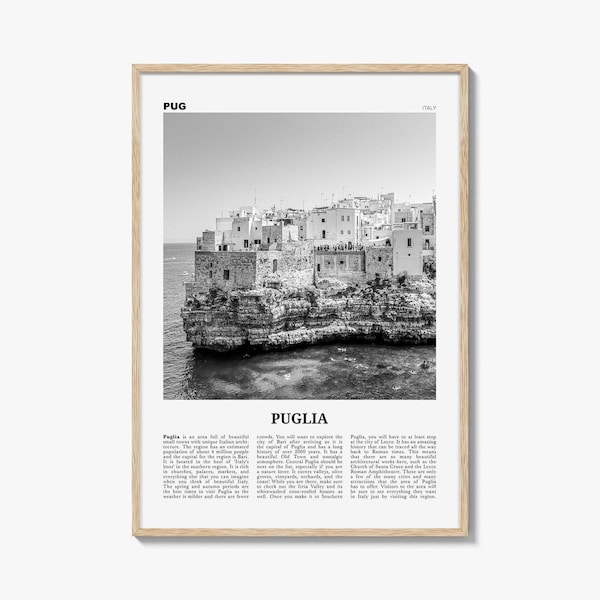 Póster de Apulia en blanco y negro, arte mural de viajes por Italia, fotografía costera de Apulia