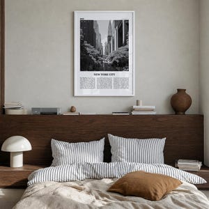 New York City Poster, Black and White Skyline Photo Print, Travel Newspaper Wall Art Premium White Wood Frame