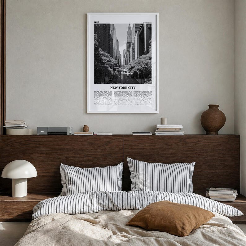 New York City Poster, Black and White Skyline Photo Print, Travel Newspaper Wall Art Premium White Wood Frame