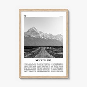 New Zealand Poster, black and white photo print in a natural wood frame