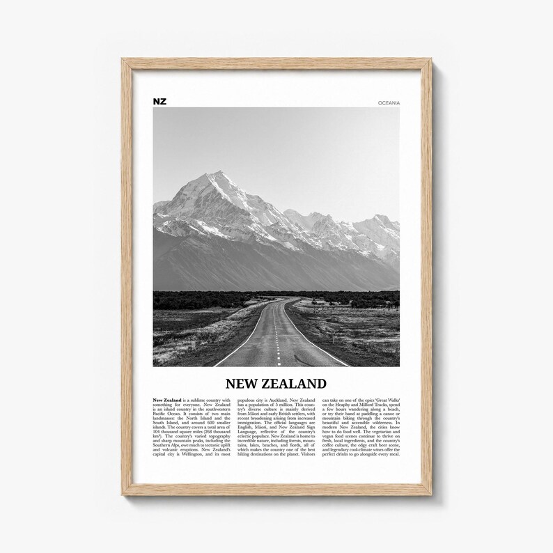 New Zealand Poster, black and white photo print in a natural wood frame