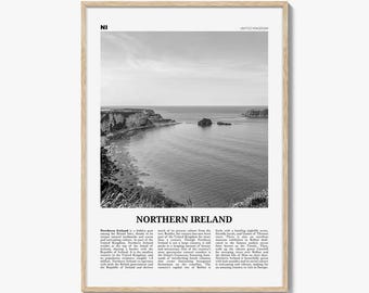 Northern Ireland Poster Print Black and White, United Kingdom Travel Wall Art, Coastal Photography