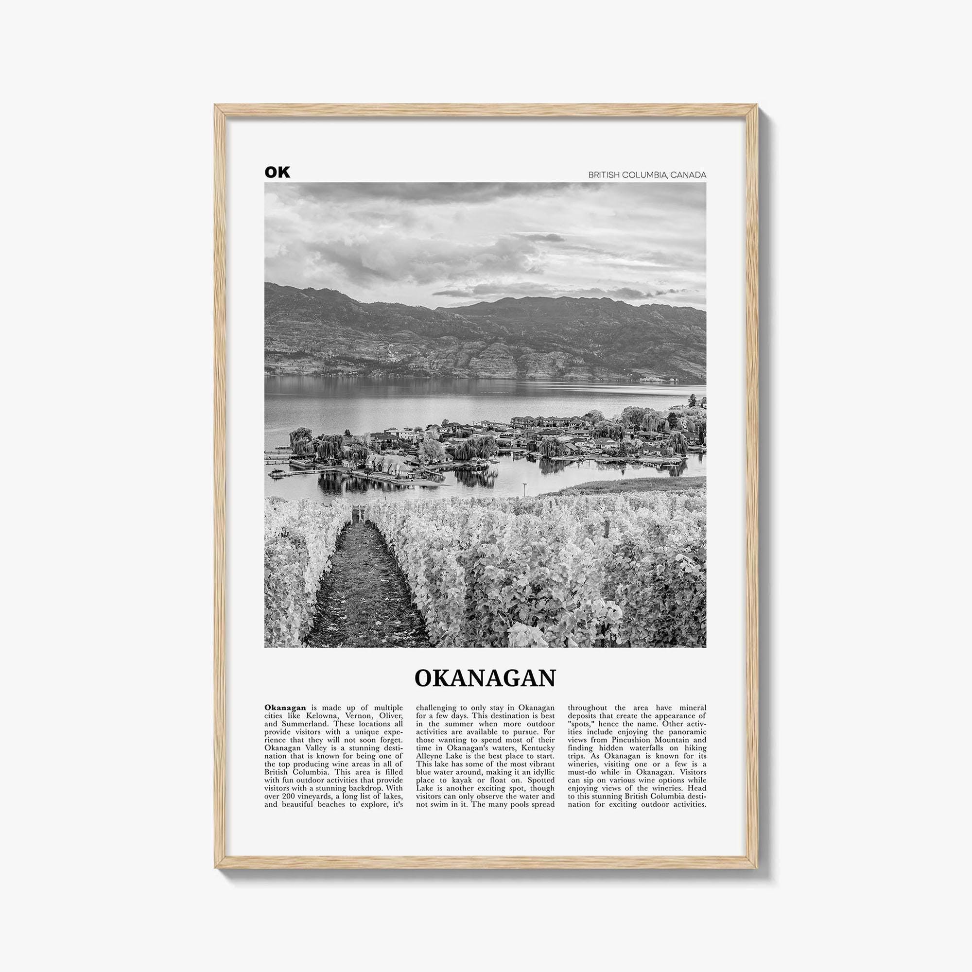 Okanagan Print Black and White, Okanagan Wall Art, Okanagan Poster, Okanagan Photo, Okanagan Décor, Okanagan Map, British Columbia, Canada