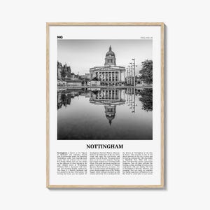Impresión en blanco y negro de Nottingham, arte mural de Nottingham, póster de Nottingham, foto de Nottingham, decoración de Nottingham, Inglaterra, Reino Unido
