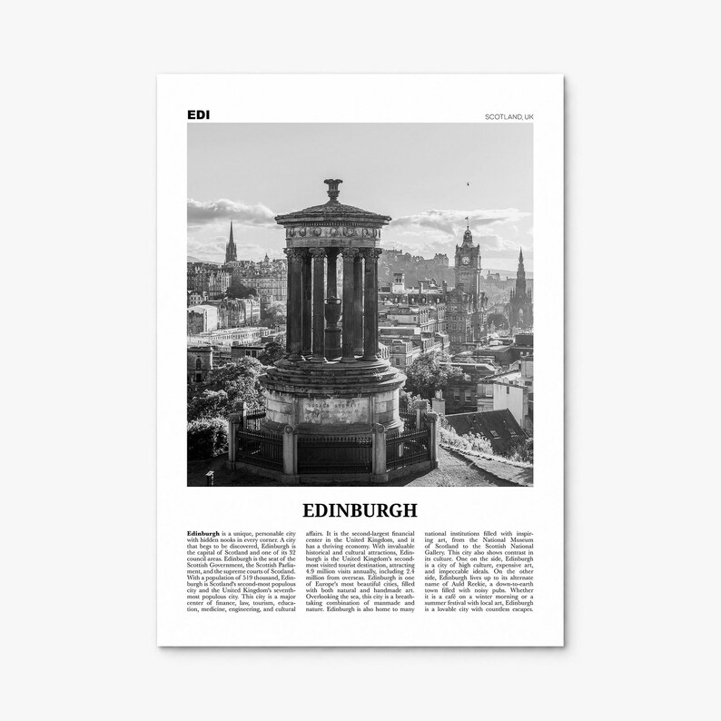 Edinburgh Poster, black and white monument photo print, print only (unframed)