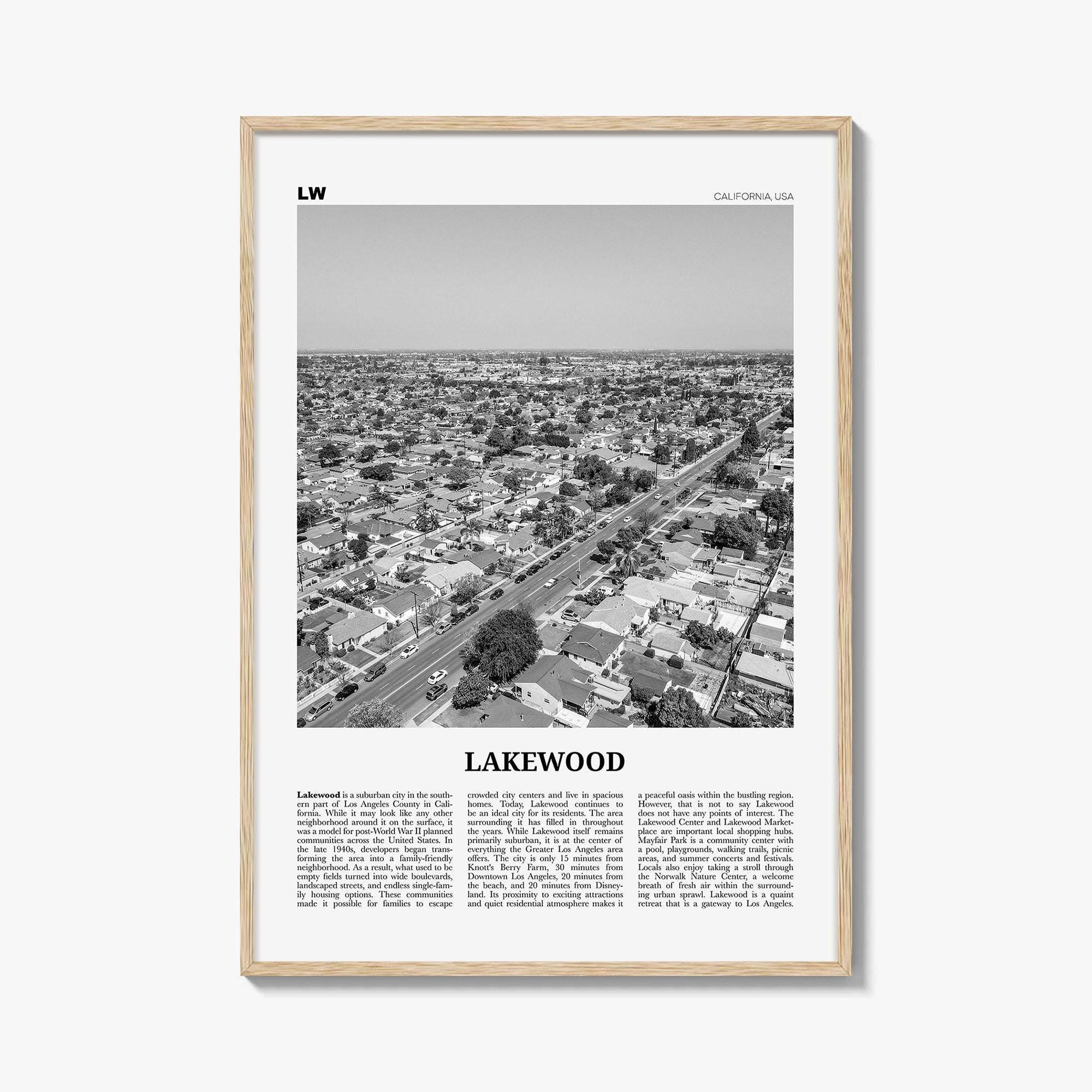 Lakewood-afdruk zwart-wit, Lakewood-muurkunst, Lakewood-poster, Lakewood-foto, Lakewood-kaart, Lakewood-muurdecoratie, Californië, VS