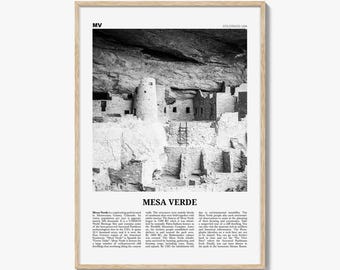 Póster de Mesa Verde en blanco y negro, fotografía de viviendas en los acantilados, arte mural turístico de Colorado