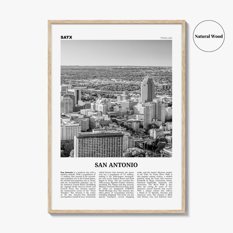Póster de San Antonio en blanco y negro, arte mural turístico de Texas, fotografía del horizonte de SATX imagen 6