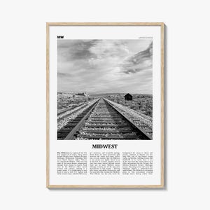 Póster del Medio Oeste en blanco y negro, arte mural de viajes por Estados Unidos, fotografía ferroviaria
