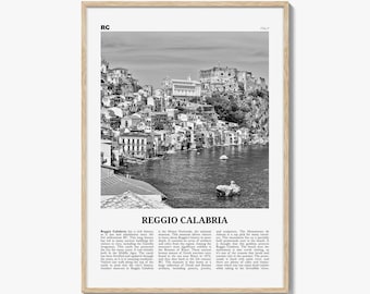 Pôster impresso em preto e branco de Reggio Calabria, arte de parede de viagem pela Itália, decoração costeira mediterrânea