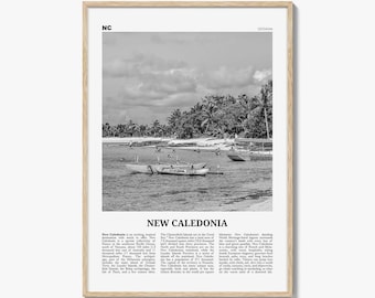 New Caledonia Poster Print Black and White, France Travel Wall Art, Oceania Tropical Beach