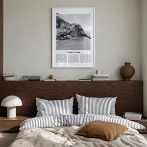 Cinque Terre Poster, Black and White Photo Print, Travel Newspaper Wall Art, Home Decor Premium White Wood Frame