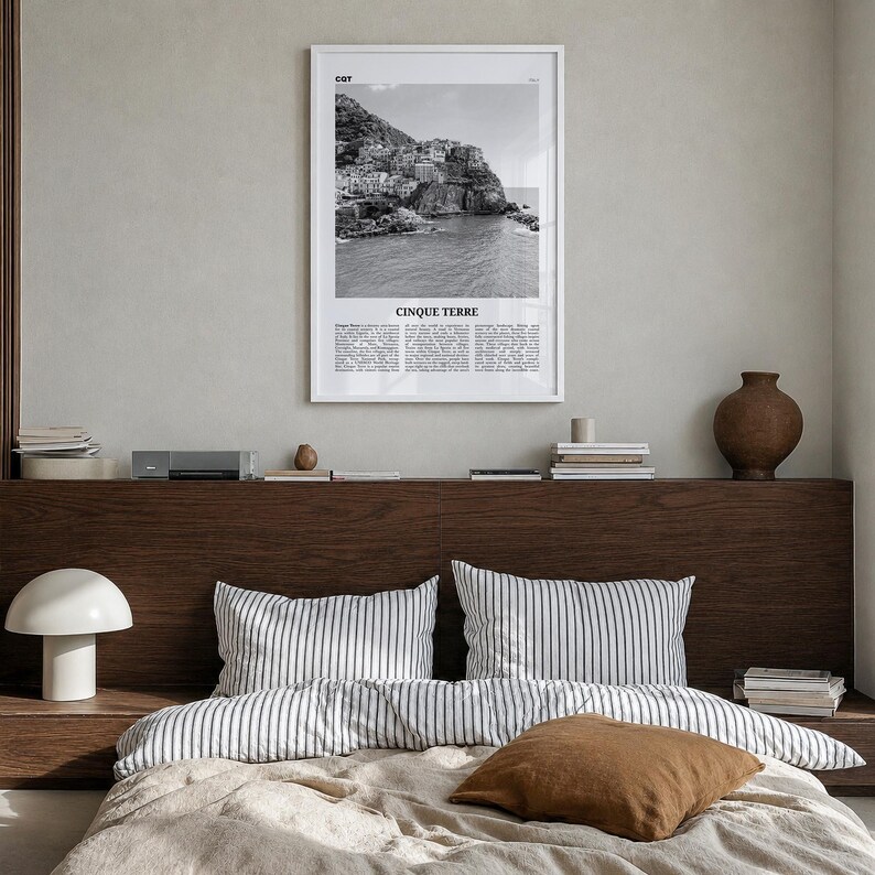 Cinque Terre Poster, Black and White Photo Print, Travel Newspaper Wall Art, Home Decor Premium White Wood Frame