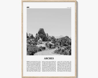 Póster de Arches en blanco y negro, arte mural turístico de Utah, naturaleza del Parque Nacional Arches