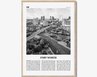 Póster de Fort Worth en blanco y negro, arte mural de viajes por Texas, fotografía del horizonte
