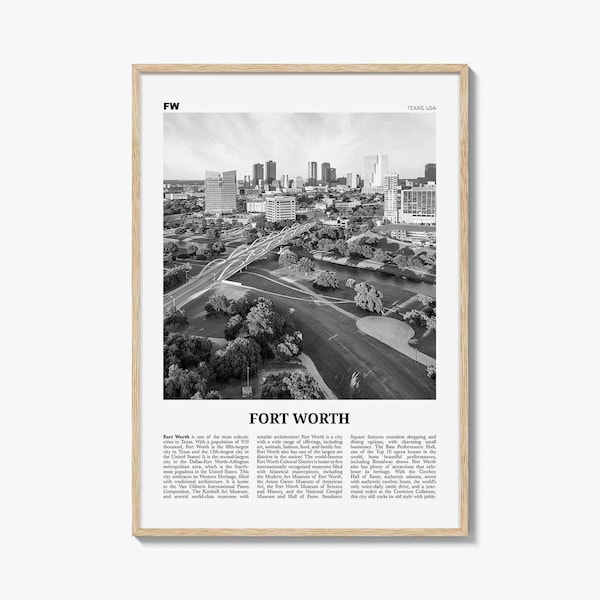 Fort Worth Poster Print Black and White, Texas Travel Wall Art, Skyline Photography