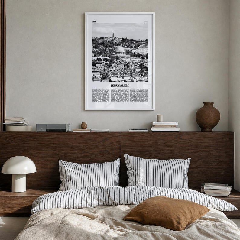 Jerusalem Poster, Black and White Photo Print, Travel Newspaper Wall Art, Home Decor Premium White Wood Frame
