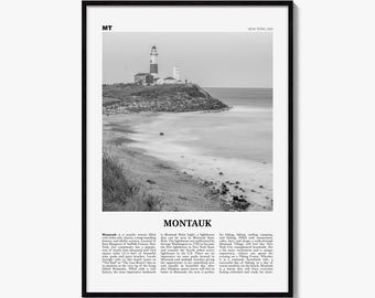 Montauk Poster, Black and White Lighthouse Photo Print, Travel Newspaper Wall Art