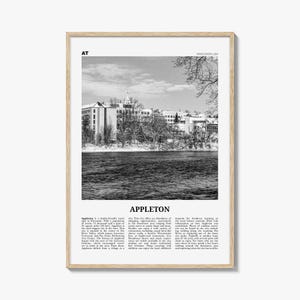 Póster de Appleton en blanco y negro, arte mural turístico de Wisconsin, decoración ribereña de EE. UU.