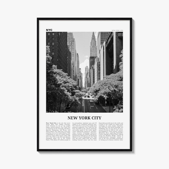 New York City Poster, Black and White Skyline Photo Print, Travel Newspaper Wall Art