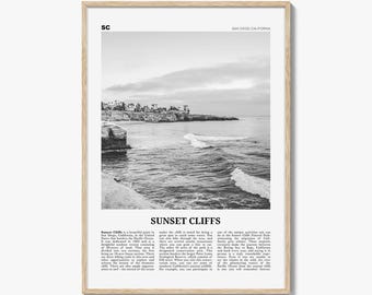 Sunset Cliffs Poster Print Black and White, California Photo Wall Art, San Diego Decor