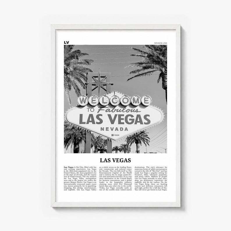 Las Vegas Poster, black and white palm photo print in a white wood frame