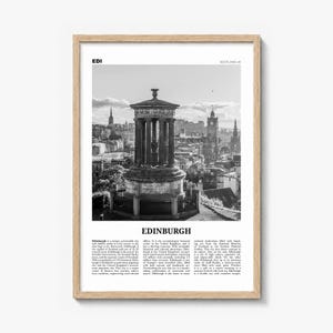 Edinburgh Poster, black and white monument photo print in a natural wood frame