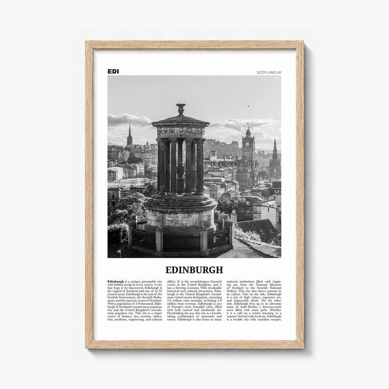 Edinburgh Poster, black and white monument photo print in a natural wood frame