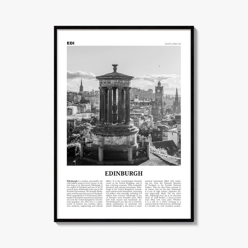 Edinburgh Poster, black and white monument photo print in a black wood frame