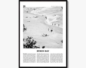 Byron Bay Poster, Black and White Photo Print, Travel Newspaper Wall Art, Home Decor