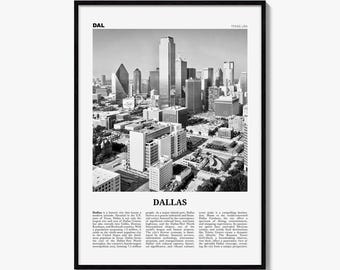 Dallas-Poster, Schwarz-Weiß-Foto der Skyline, Wandbild im Reisezeitungs-Stil