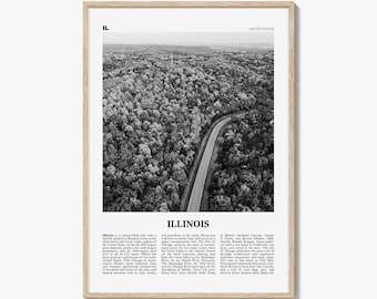 Illinois poster print zwart-wit, Verenigde Staten reizen muurkunst, midwest natuur decor