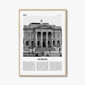Impresión en blanco y negro de Oldham, arte mural de Oldham, póster de Oldham, foto de Oldham, decoración de pared de Oldham, mapa de Oldham, Inglaterra, Reino Unido