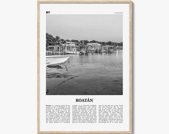 Póster de Roatán en blanco y negro, arte mural de viaje a Honduras, decoración costera de una isla caribeña