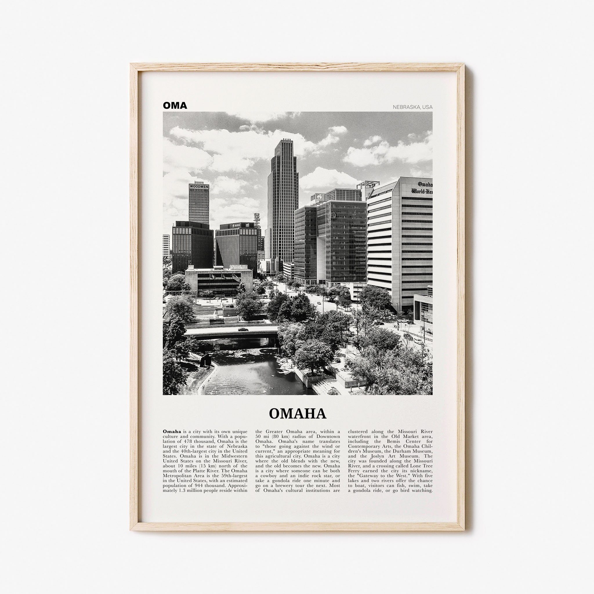 Omaha City Skyline From Leahy Mall Black & White Wall Art. Omaha Black