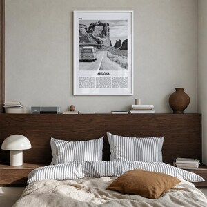 Arizona Poster, Black and White Desert Photo Print, Travel Newspaper Wall Art Premium White Wood Frame