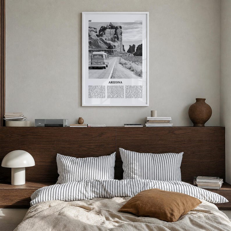 Arizona Poster, Black and White Desert Photo Print, Travel Newspaper Wall Art Premium White Wood Frame