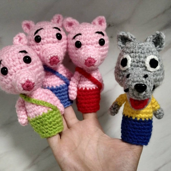 Crochet The 3 Little Pigs and The Big Bad Wolf- finger puppets PDF Pattern Amigurumi