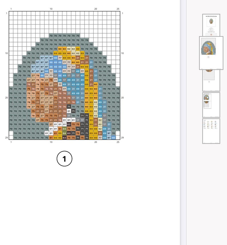 May include: A color chart with a grid of 29 rows and 25 columns. Each square is filled with a different color, ranging from light blue to dark brown. The chart is labeled with numbers 1 through 29 on the left side and 1 through 25 on the top.