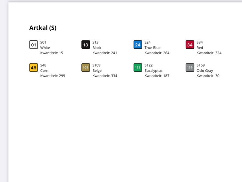 May include: A chart with color swatches and corresponding numbers and names. The colors include white, black, beige, corn, true blue, red, eucalyptus, and oslo gray. Each color swatch has a number and a name, and the quantity of each color is listed below the name.