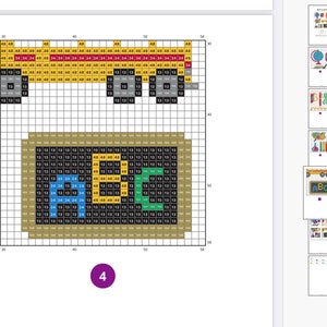 May include: A pixel art design of the word "ABC" in a brown frame on a white background. The letters are in blue, yellow, and green. The design is made up of small squares.