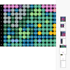 May include: A colorful mosaic pattern with a variety of green, blue, yellow, and orange circles. Each circle contains a number, ranging from 3 to 83.