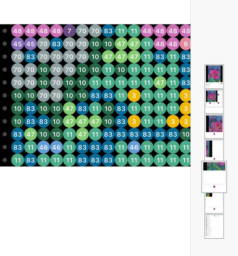 May include: A colorful mosaic pattern with a variety of green, blue, yellow, and orange circles. Each circle contains a number, ranging from 3 to 83.
