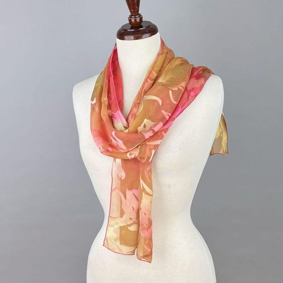 Hand-Dyed Pink & Green Silk Scarf: Devore Satin, Painted (13" x 61")