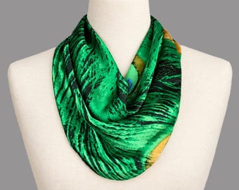 Emerald Green Peacock Satin Scarf Necklace, Pre-Tied Neck Scarf with Magnetic Closure