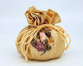 Hand Embroidered Jewelry Pouch: Ribbon Flower Organizer Bag