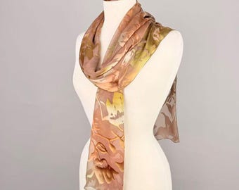 Hand-Painted Natural Tones Silk Scarf: Devore Satin, Long Scarf (13" x 68")