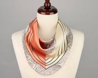 Apricot Cream Floral Satin Scarf Necklace, Pre-Tied Magnetic Clasp Accessory