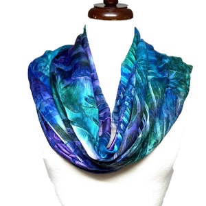 Teal, Green and Purple Silk Scarf, Hand Painted Devore Satin Scarf, Hand Dyed Long Scarf, Silk Scarf for Women, Gift for Her